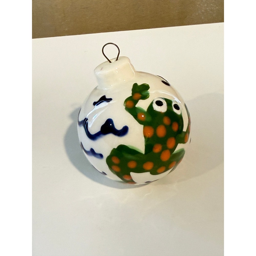 Hand Painted Ceramic Frog Ball Ornament White Blue Waves Spotted Green Toad